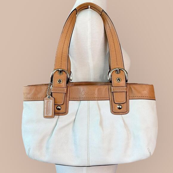 Coach Y2K Leather Soho Tote Shoulder Bag Double Handle Buckled Pleated Ivory Tan - Picture 1 of 14